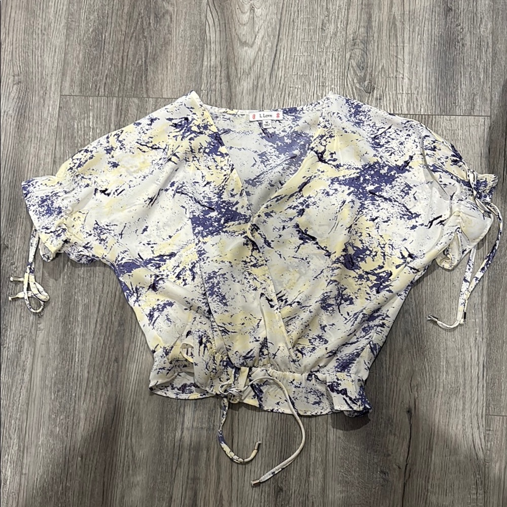 Linden Blue and White Tie Front Crop Blouse